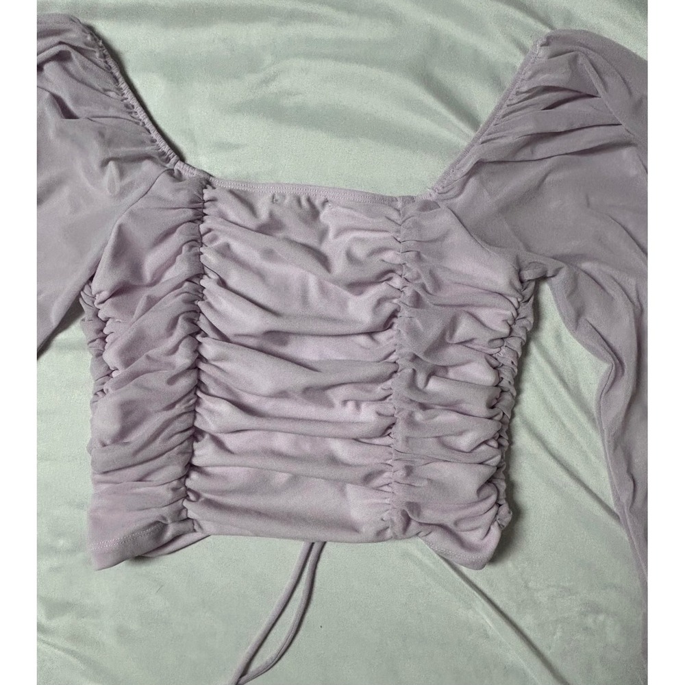 NWT Fashion Nova Your Eyes On Me Top Lavender Ruched Mesh Balloon Sleeve Crop L - Picture 8 of 14